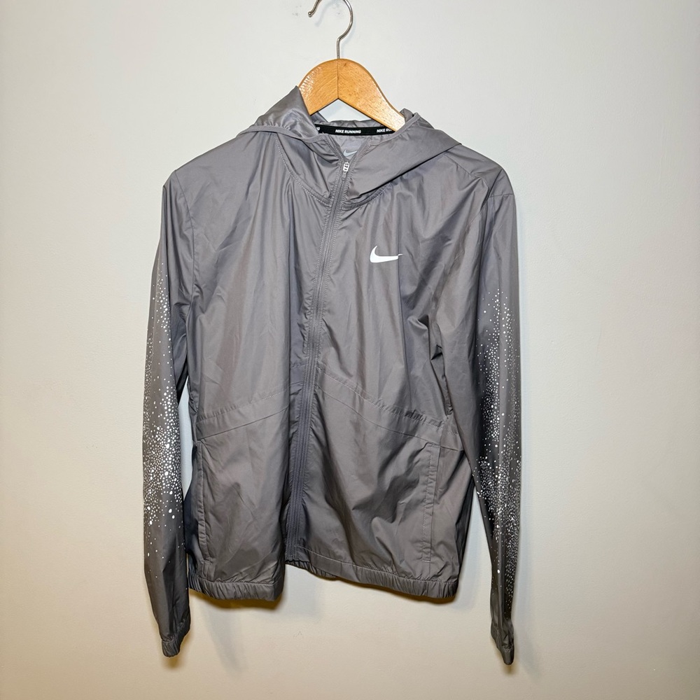 Nike Women’s Gray Hood Essential Water Repellent Full Zip Jacket Windbreaker | L